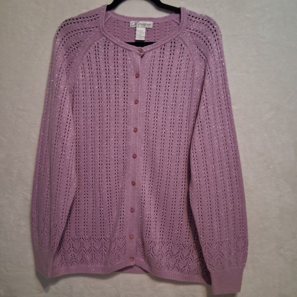 Dressbarn 22/24 Cardigan Sweater Pointelle Knit Button Lilac Sparkle Office